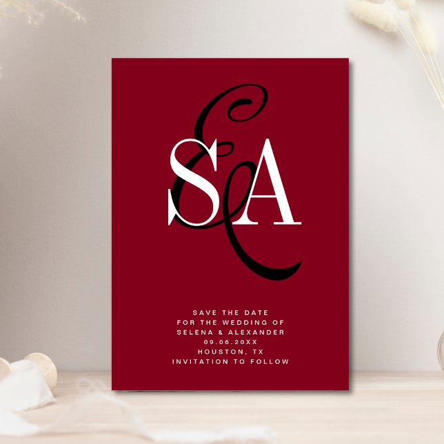 Reserve A Data Casamento de Monograma de Script Elegante Vermelho (Criador carregado)