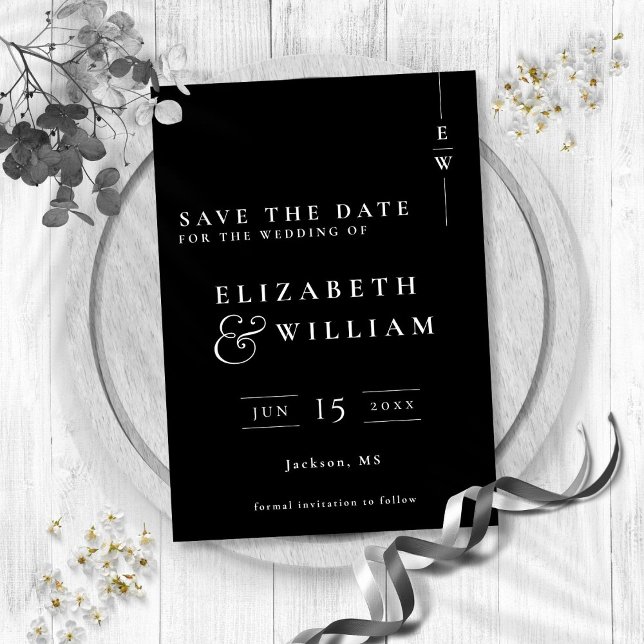 Reserve A Data Casamento de Monograma Elegante Moderno Preto e Br (Black And White Modern Elegant Monogram Wedding Save The Date)