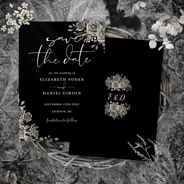 Reserve A Data Casamento De Monograma Floral Gótico Preto E Branc (Black And White Gothic Floral Monogram Wedding Save The Date)