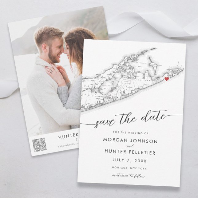 Reserve A Data Casamento de Montauk Resort de Mínimo Moderno Gurn (Gurneys Montauk Wedding Save the Date in minimal modern black and white  by Coastal Map designs)