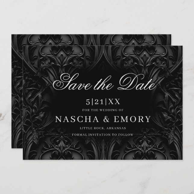Reserve A Data Casamento de Moody Damask preto Elegante (Frente/Verso)