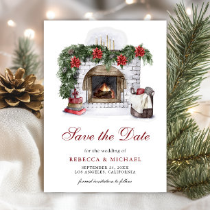 Reserve A Data Casamento de Natal com Lareira e Poinsettia Vermel