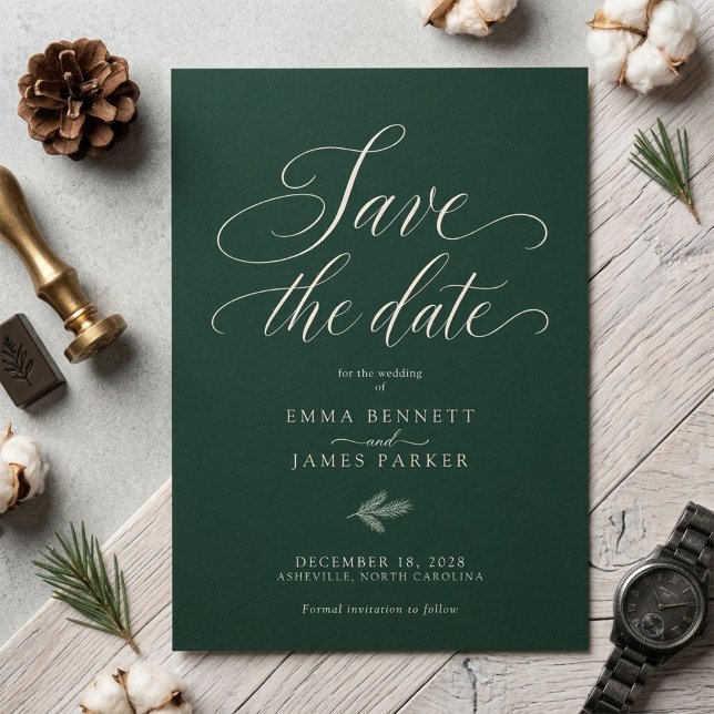 Reserve A Data Casamento de Natal Floresta Verde Marfim Script (Criador carregado)