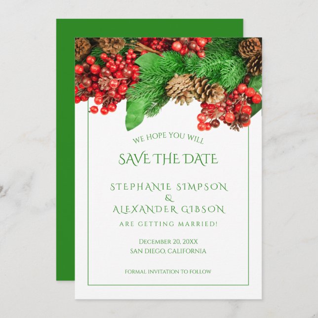 Reserve A Data Casamento de Natal - Greenery Red Berries (Frente/Verso)