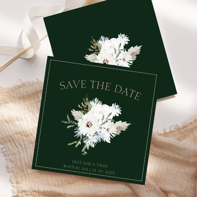 Reserve A Data Casamento de Natal Verde e Floral Brancos de inver (Winter White Floral and Green Christmas Wedding Save The Date)