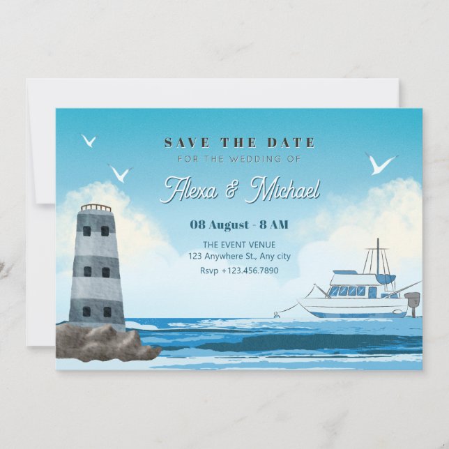 Reserve A Data Casamento de navio de mar azul-aquarela (Frente)