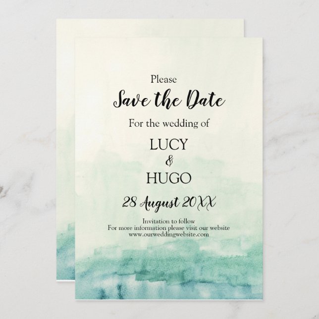 Reserve A Data Casamento de Ombre Azul de Aquarela (Frente/Verso)