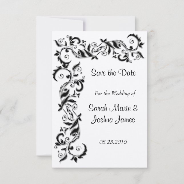 Reserve A Data Casamento de Ornamentado Floral Branco e Preto (Frente)