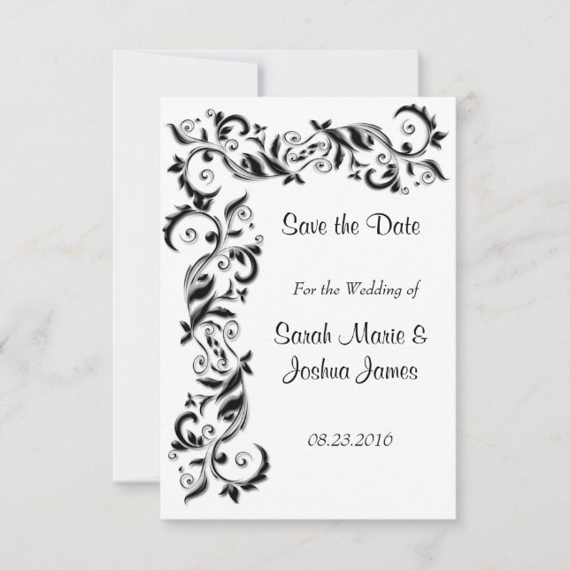 Reserve A Data Casamento de Ornamentado Floral Branco e Preto (Frente)