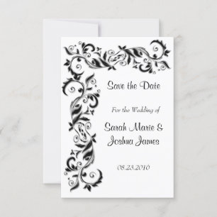 Reserve A Data Casamento de Ornamentado Floral Branco e Preto
