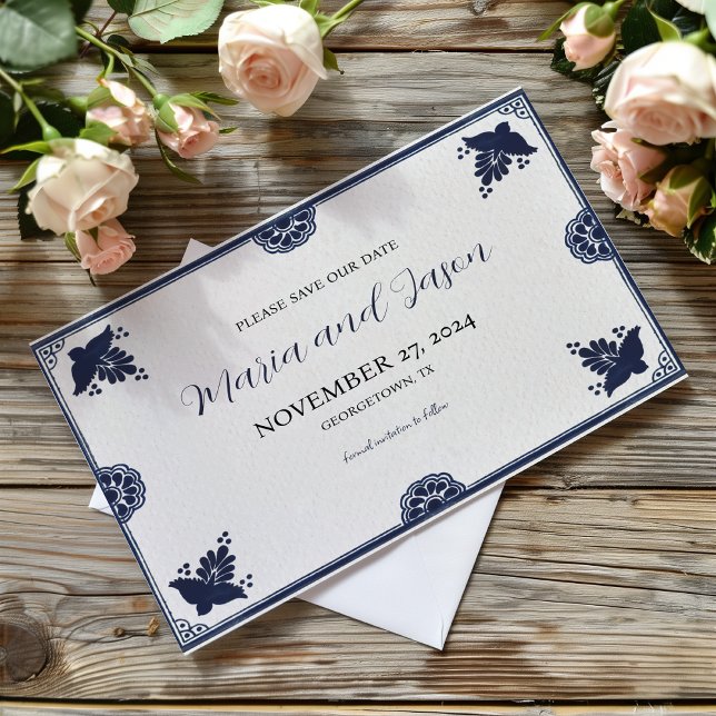 Reserve A Data Casamento de Otomi Simple Fiesta Azul Mexicano (Mexican Blue Floral Otomi Simple Fiesta Wedding Save The Date)