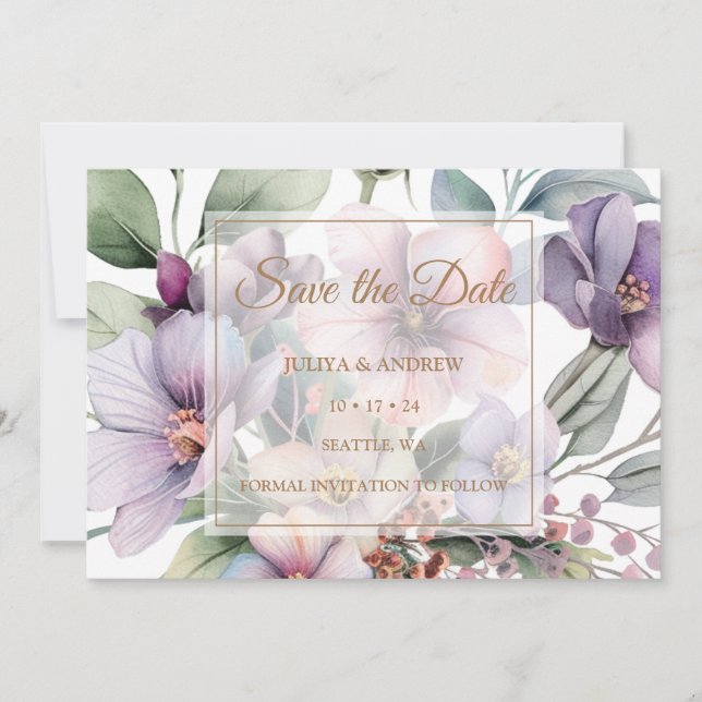 Reserve A Data Casamento de ouro floral com Aquarela (Frente)