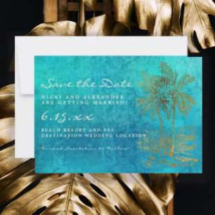 Reserve A Data Casamento de Ouro Teal Tropical Palmeira Salve Nos