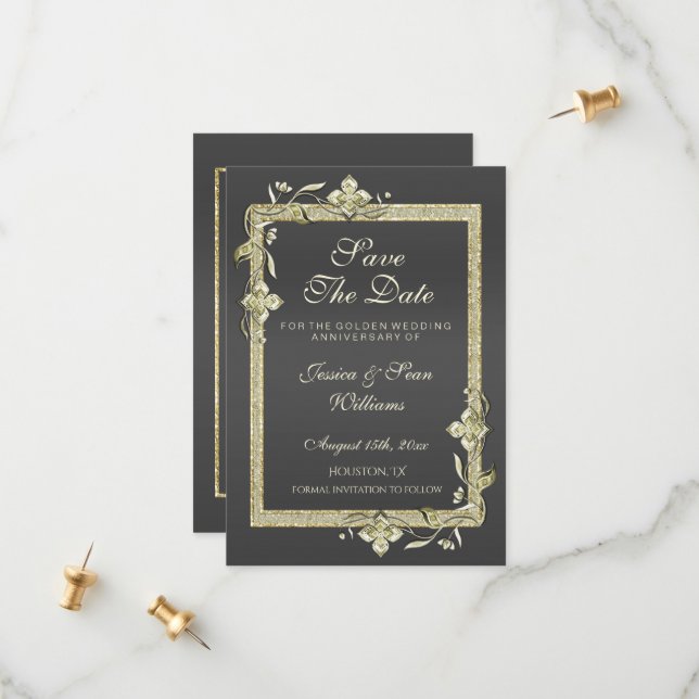 Reserve A Data Casamento de Ouros Dourado Gem & Glitter 50th (Frente/Verso In Situ)