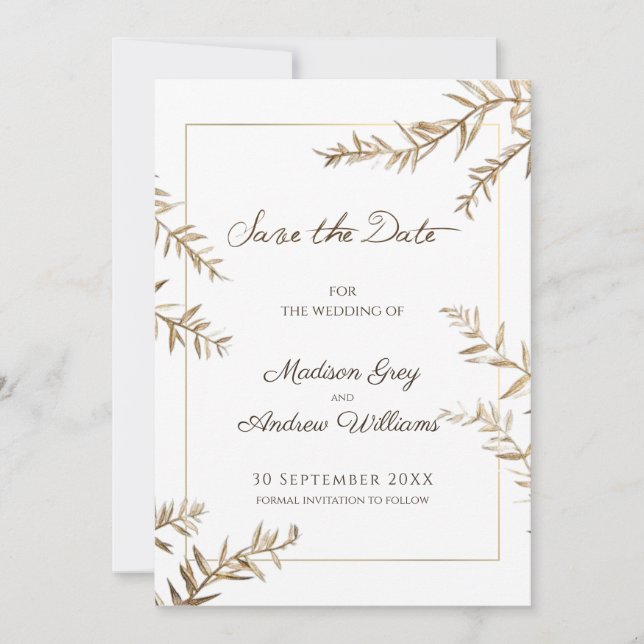 Reserve A Data Casamento de Outono com Folhagem Marrom Elegante (Frente)