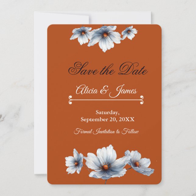 Reserve A Data Casamento de outono de Terracotta Blue Floral Chic (Frente)