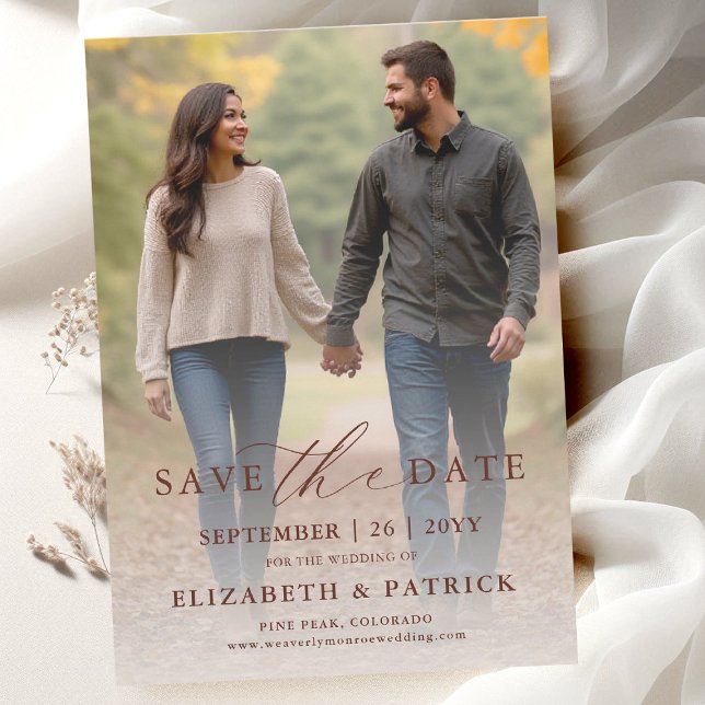 Reserve A Data Casamento de Outono Terracota Simples Moderno Foto (simple fall wedding photo save the date card template calligraphy typography modern minimalist )
