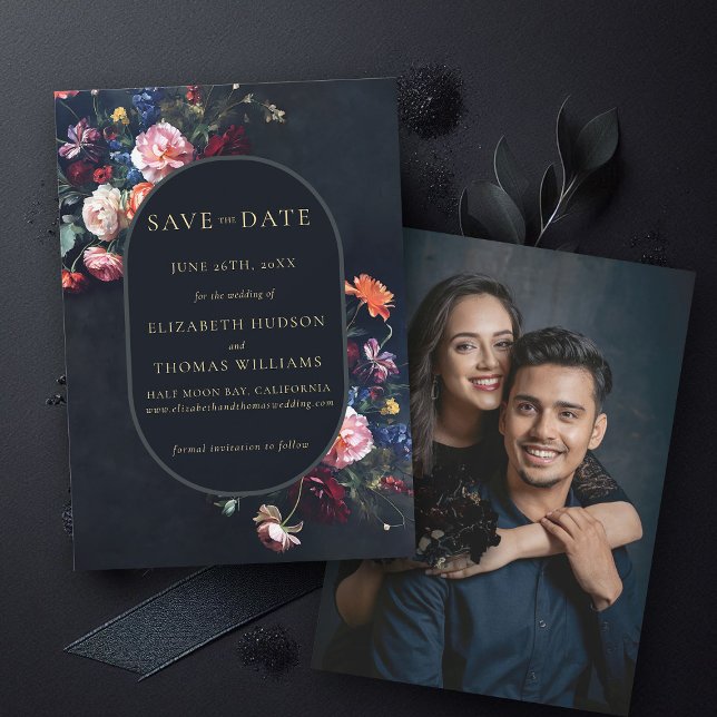 Reserve A Data Casamento de Oval Floral Romântico Elegante Escuro (wedding save the date moody dark romantic gothic floral black oval dutch masters photo announcement)