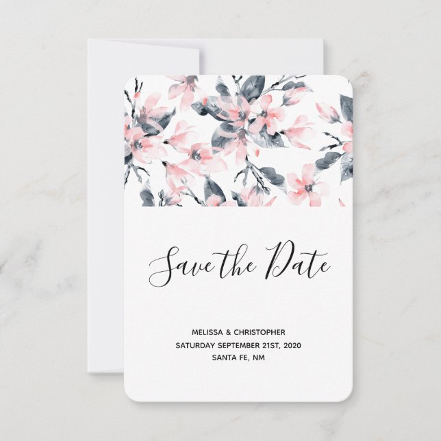 Reserve A Data Casamento de Padrão Flor de Aquarela Rosa e Cinza (Frente)