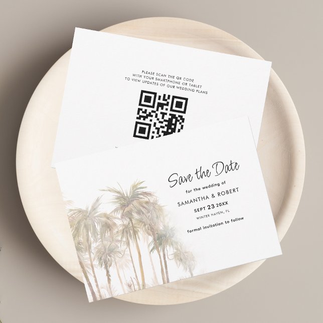 Reserve A Data Casamento de Palmeiras Costeiras e Código QR (Palm Trees QR Code Wedding Save the Date Announcement Horizontal Card)
