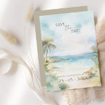 Reserve A Data Casamento de Palmeiras de Praia Tropical<br><div class="desc">Palmeiras Tropicais de Praia Casadas Salvem o Cartão de Data. Imprime estigmaticamente seus convidados de casamento com este lindo, tropical, casamento de praia, salvo o cartão do dia em azul-oceano e ouro com palmeiras tropicais, areia-ouro, oceano e horizonte azul-esverdeados. Este belo cartão cênico dá calma, tropical, sente na sua praia,...</div>