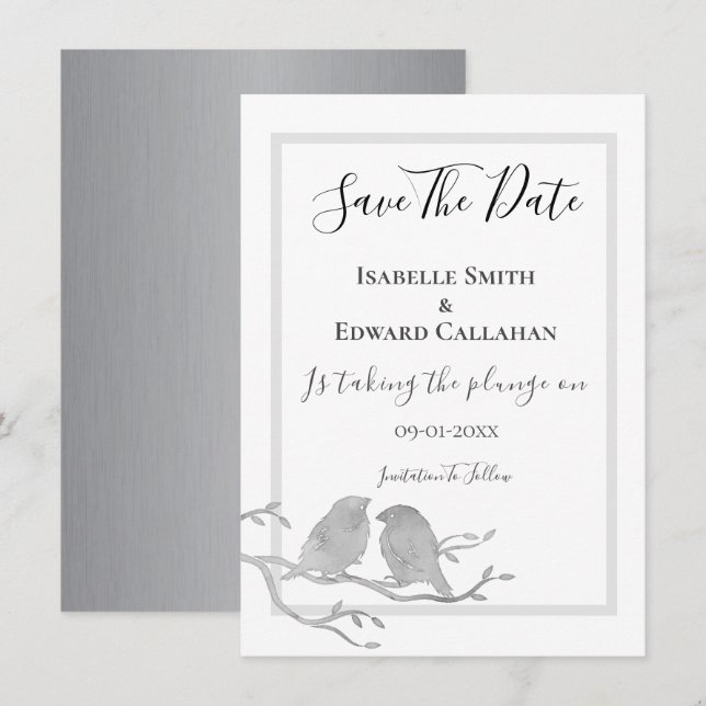 Reserve A Data Casamento de Pássaros de Aquarela Cinza Romântica  (Frente/Verso)