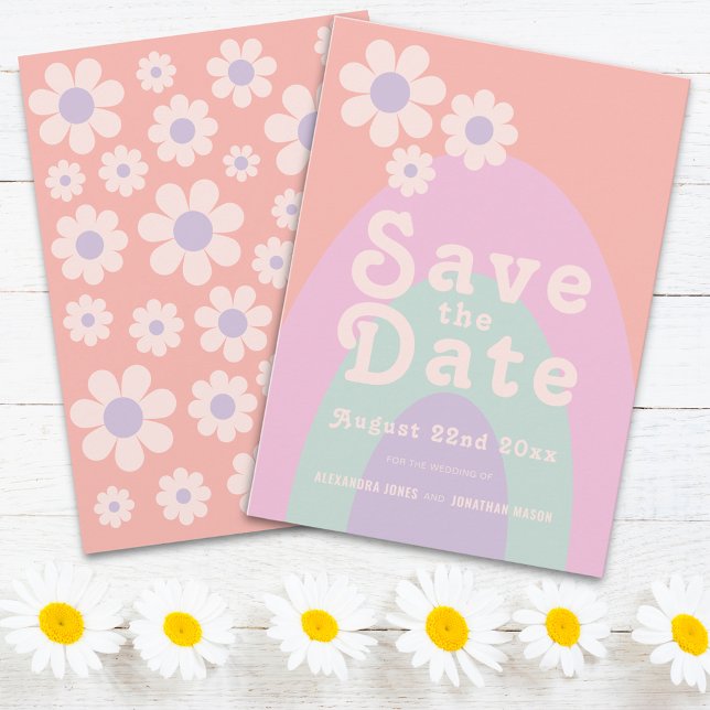 Reserve A Data Casamento de Pastel com Retro Moderno dos anos 70 (Retro daisy arch groovy wedding save the date invitation )
