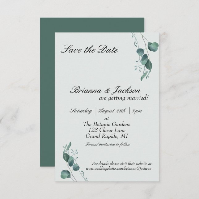 Reserve A Data Casamento de Pastel Sage Green Eucalyptus (Frente/Verso)