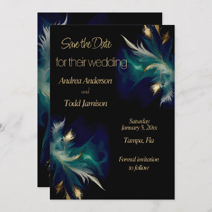 Reserve A Data Casamento de penas de ouro negro e azul-etéreo