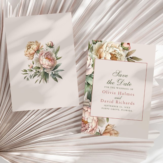 Reserve A Data Casamento de Peões Rosa Rosa Espelhos Elegante (Elegant Watercolor Blush Pink Peonies Wedding Save The Date on a sunny neutral dry palm leaf.)