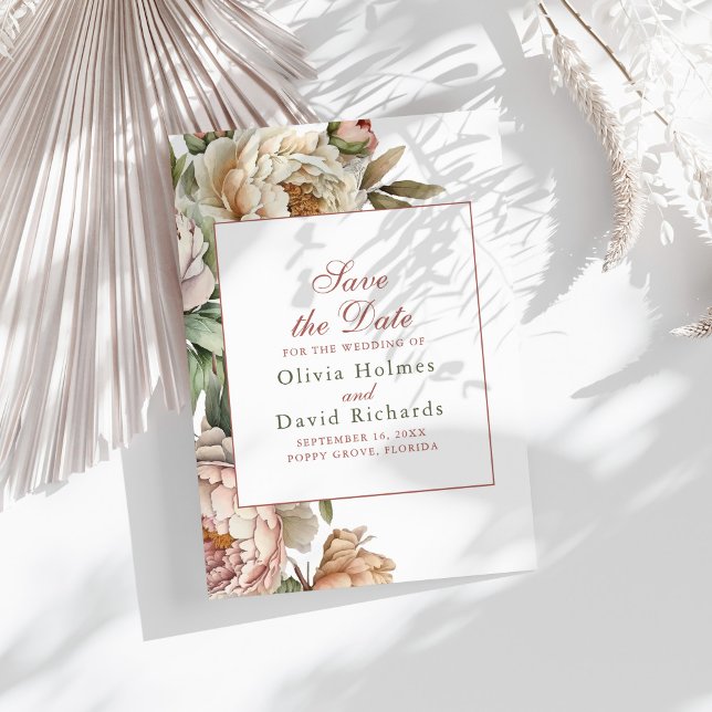 Reserve A Data Casamento de Peões Rosa Rosa Espelhos Elegante (Elegant Watercolor Blush Pink Peonies Wedding Save The Date on a sunny boho white table.)