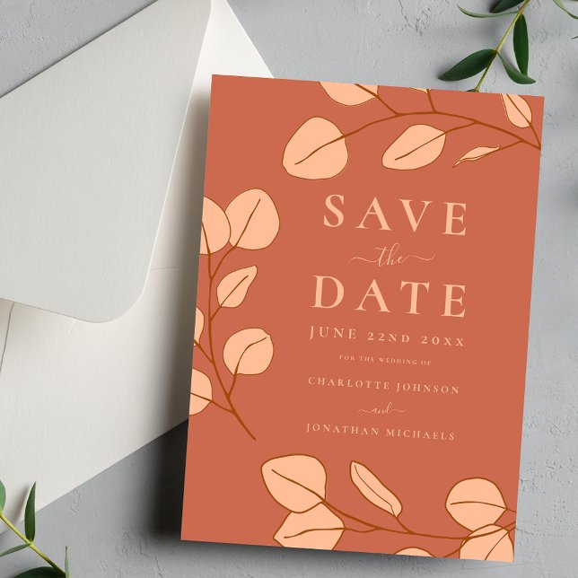 Reserve A Data Casamento de Pêssego Simples e Elegante Moderno (Modern minimalist leaf peach fuzz chic save the date wedding invitation )