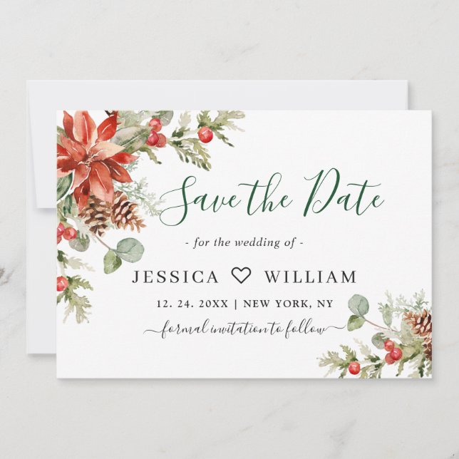 Reserve A Data Casamento de Poinsettia Pine Watercolor Elegante (Frente)