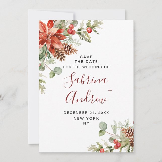 Reserve A Data Casamento de Poinsettia Pine Watercolor Elegante (Frente)