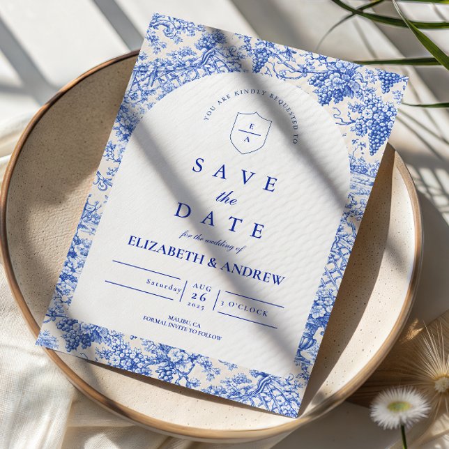 Reserve A Data Casamento de Porcelana Azul Atemporal Branco (Criador carregado)