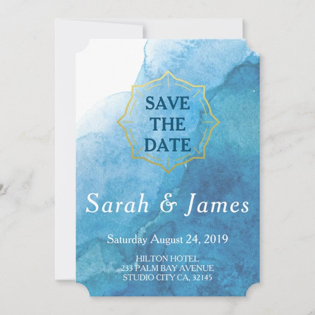 Reserve A Data Casamento de Praia com Aquarela Azul Marinho e Bra (Frente)