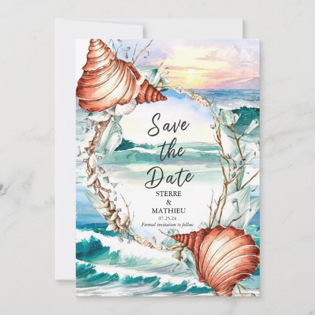 Reserve A Data Casamento de Praia com Aquarela Whimsical (Frente)