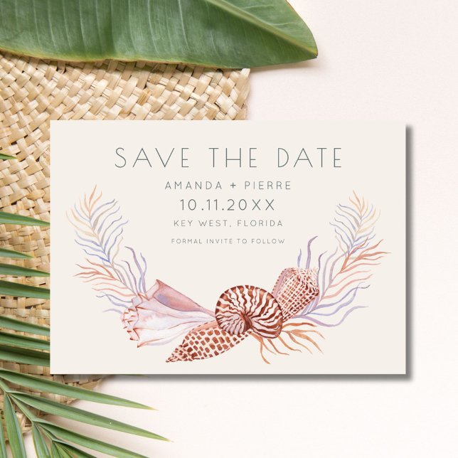 Reserve A Data Casamento de praia com fotos de Seashell Elegante  (Elegant Seashell Photo Beach Wedding Save the Date)