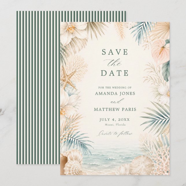Reserve A Data Casamento de Praia com Listras Elegantes na Costa (Frente/Verso)