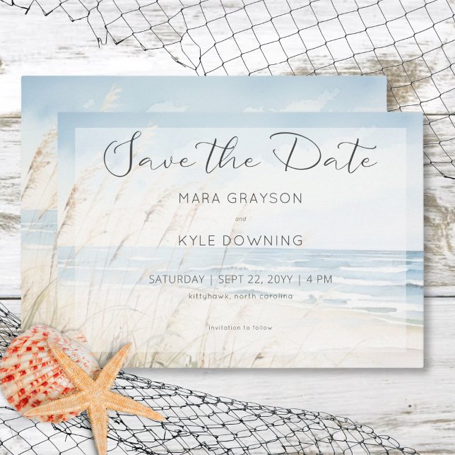 Reserve A Data Casamento de Praia de Aquarela Moderna em Costeira (Modern Seaside Watercolor Beach Wedding Save the Date Card)