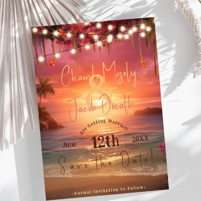 Reserve A Data Casamento de Praia de Luzes Solares Tropicais (Tropical Sunset String Lights Beach Wedding Save The Date)