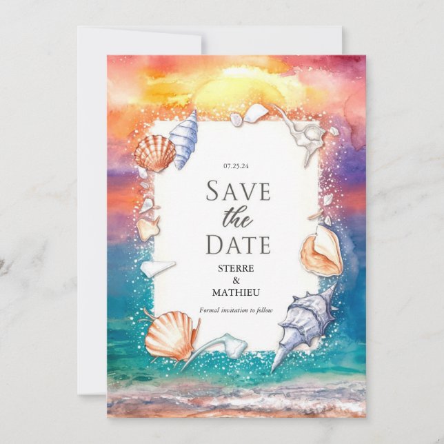 Reserve A Data Casamento de Praia de Pastel de Aquarelas (Frente)