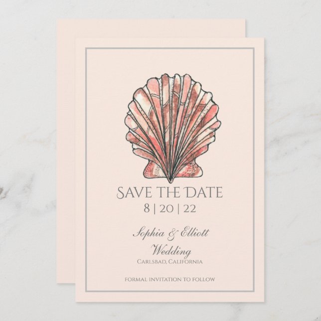 Reserve A Data Casamento de praia de Watercolor Seashell (Frente/Verso)