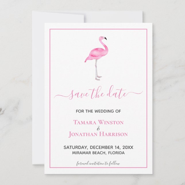 Reserve A Data Casamento de Praia Moderno Flamingo Rosa Tropical (Frente)