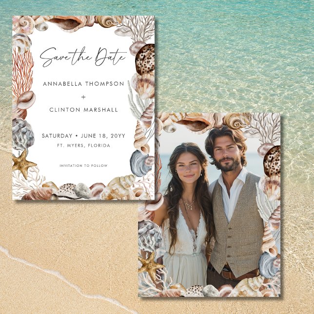 Reserve A Data Casamento de Praia Neutral da Seashell com Waterco (Watercolor Seashell Neutral Beach Wedding Save the Date)