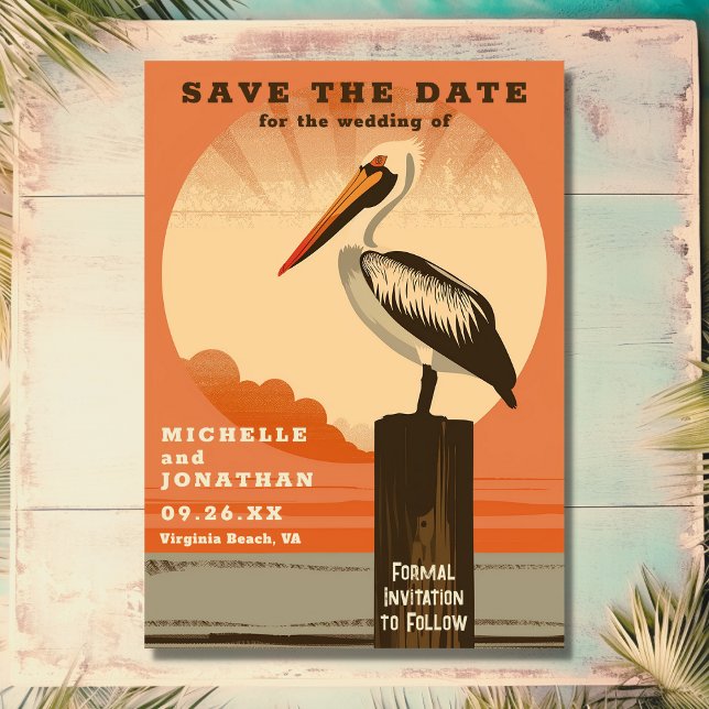 Reserve A Data Casamento de Praia Pelican Retro Modern (Front - Modern Retro Pelican Beach Wedding Save The Date)