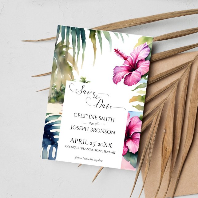Reserve A Data Casamento de praia tropical salvar a data (Tropical beach wedding save the date card template digital download watercolor palms pink hibiscus)