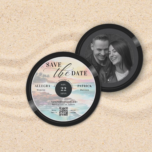Reserve A Data Casamento de praia tropical Salvar o músico de dat (tropical beach wedding save the date photo musician music lover vintage vinyl record QR code romance)