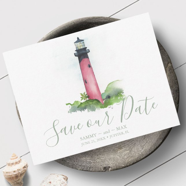 Reserve A Data Casamento De Praias De Farol Na Flórida (Non photo wedding save the date invitations feature watercolor Jupiter Florida Lighthouse art)
