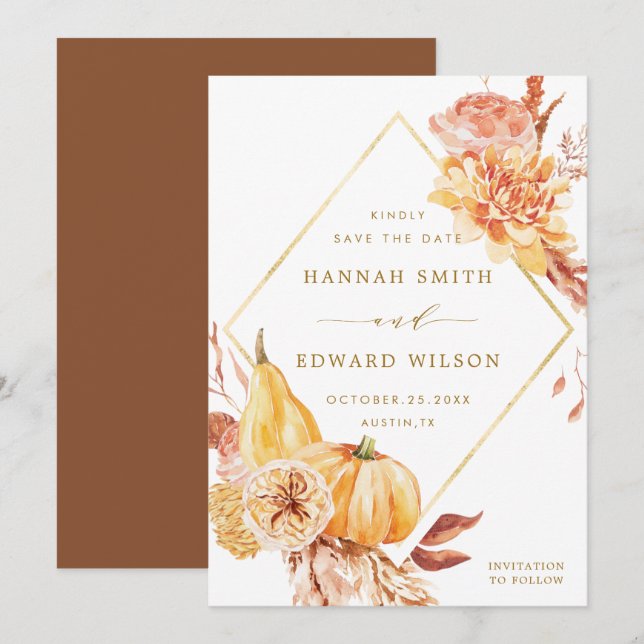 Reserve A Data Casamento de Pumpkin Floral Laranja Dourado Rústic (Frente/Verso)